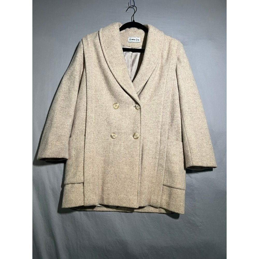 Herman Kay Vintage Beige Herringbone Double Breasted Shawl Collar Coat USA Made